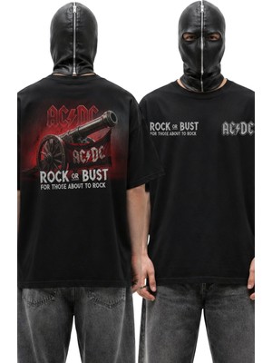 Fuddy Moda Unisex Ac-Dc Rock Or Bust Sırt Baskılı Tişört, Oversize Rock Band Temalı Bisiklet Yaka T-Shirt