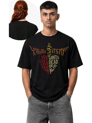 Fuddy Moda Unisex Bon Jovi Şarkı Isimleri Baskılı Tişört, Oversize Rock Band Temalı Bisiklet Yaka T-Shirt