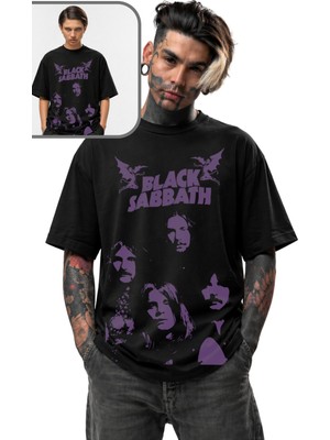 Fuddy Moda Unisex Oversize Rock Band Black Sabbath Purple Baskılı Tişört