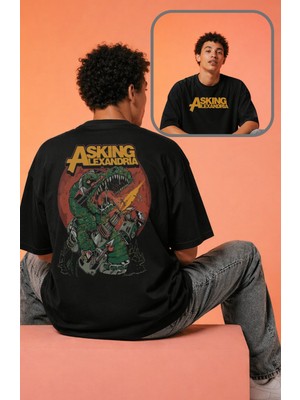 Fuddy Moda Unisex Asking Alexandria Sırt Baskılı Tişört, Oversize Rock Band Temalı Bisiklet Yaka T-Shirt