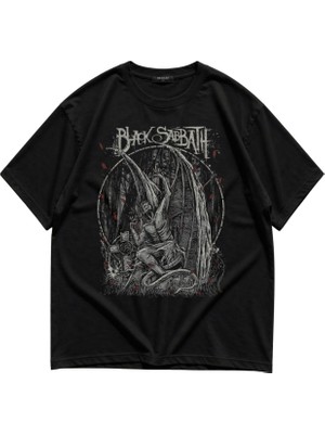 Fuddy Moda Unisex Black Sabbath Baskılı Tişört, Oversize Rock Band Temalı Bisiklet Yaka T-Shirt