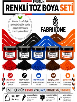 Fabrikone Toz Mum Boyası Seti 10 cc 5'li – Soya & Parafin Wax Için – Kırmızı, Siyah, Mavi, Kahverengi, Turuncu BKFAB5KSMKHT10G