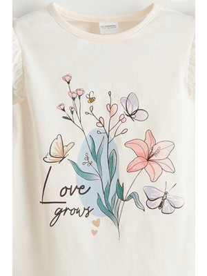Lcw Kids Ekru Bisiklet Yaka Çiçekli Kız Çocuk Pijama Üst