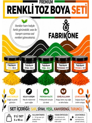Fabrikone Toz Mum Boyası Seti 10 cc 5'li – Soya & Parafin Wax Için – Sarı, Siyah, Yeşil, Kahverengi, Turuncu BKFAB5SRSYKHT10G