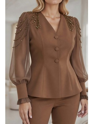 Zishan Fashion Beyaz Inci Boncuk Işlemeli Şifon Kol Premium Ikili Takım - Bluz Pantolon Seti 35026