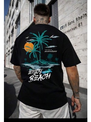 Punix Punıx Büyük Beden Enjoy Beach Sırt Baskılı Yazlık Rahat Kalıp Erkek Battal T-Shırt