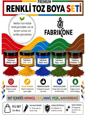 Fabrikone Toz Mum Boyası Seti 10 cc 5'li – Soya & Parafin Wax Için – Kırmızı, Sarı, Mavi, Yeşil, Kahverengi BKFAB5KSRMYKH10G