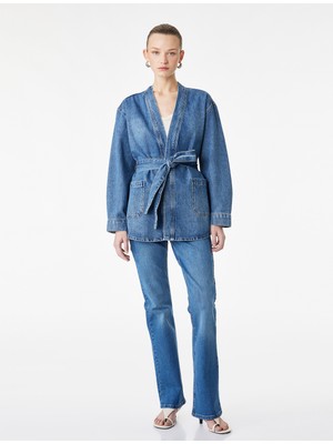 Koton Regular Fit Cepli Uzun Kollu Kemerli Denim Ceket