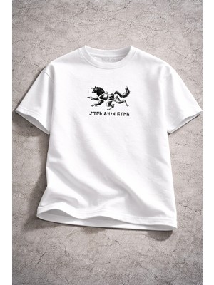 %100 Pamuk 250 Gsm Oversize Beyaz Tişört Kurt Desenli Kurt-Türk-Töre Yazılı