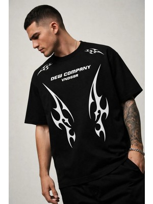 Oversize Erkek Tişört %100 Pamuk – Tribal Baskı Streetwear Siyah/beyaz