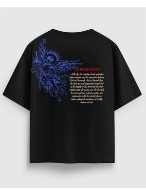 Oversize Siyah Tişört Melek Figürlü Baskı – Unisex %100 Pamuk Streetwear Tasarım Back Print T-Shirt