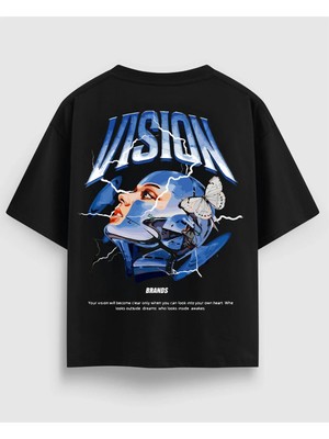 Vısıon Tasarım Baskılı Siyah Oversize Tişört %100 Pamuk Unisex Premium Streetwear