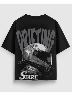 Drifting Racing Baskılı Oversize Tişört %100 Pamuk Streetwear Unisex