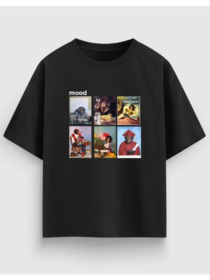 Mood Maymun Grafik Baskılı Oversize Siyah Beyaztişört %100 Pamuk Unisex Streetwear
