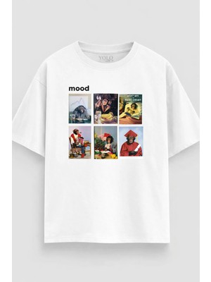 Mood Maymun Grafik Baskılı Oversize Siyah Beyaztişört %100 Pamuk Unisex Streetwear
