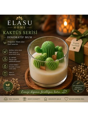 Elasu 300 cc Soya Wax Mum – Çikolata & Vanilya Esanslı Yeşil Kaktüs Dekoratif Mum (El Yapımı)