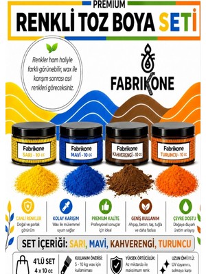 Fabrikone Toz Mum Boyası Seti 10 cc 4’lü – Soya & Parafin Wax Için – Sarı, Mavi, Kahverengi, Turuncu BKFAB4SRMKHT10G