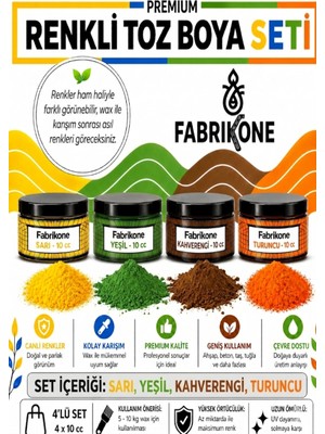 Fabrikone Toz Mum Boyası Seti 10 cc 4’lü – Soya & Parafin Wax Için – Sarı, Yeşil, Kahverengi, Turuncu BKFAB4SRYKHT10G
