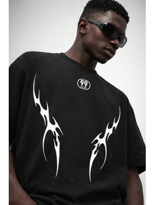 Oversize Unisex Tişört %100 Pamuk – Tribal Baskı Streetwear Siyah/beyaz