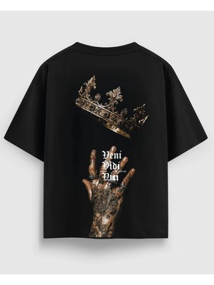 Veni Vidi Vici Sırt Baskılı Oversize Siyah Tişört %100 Pamuk Streetwear Unisex