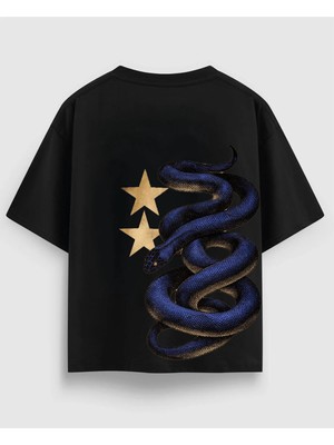 Yılan ve Yıldız Baskılı Oversize Tişört %100 Pamuk Unisex Streetwear Sırt Baskı