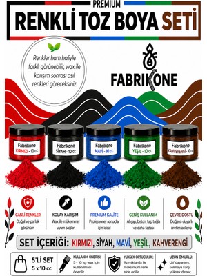 Fabrikone Toz Mum Boyası Seti 10 cc 5'li – Soya & Parafin Wax Için – Kırmızı, Siyah, Mavi, Yeşil, Kahverengi BKFAB5KSMYKH10G