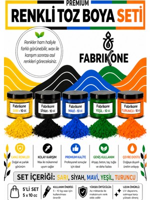 Fabrikone Toz Mum Boyası Seti 10 cc 5'li – Soya & Parafin Wax Için – Sarı, Siyah, Mavi, Yeşil, Turuncu BKFAB5SRSMYT10G