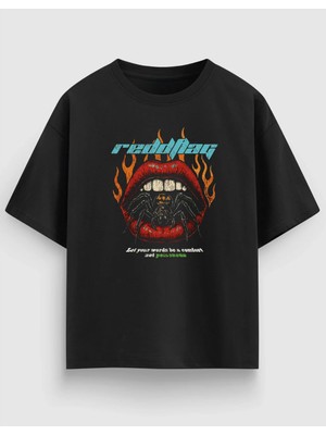 Red Flag Ağız Baskılı Oversize Siyah Tişört – %100 Pamuk Streetwear Unisex