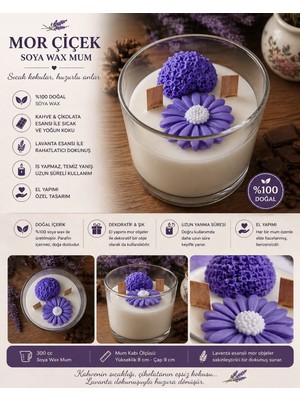 Elasu 300 cc Soya Wax Mum – Kahve & Çikolata Esanslı Mor Çiçek Tasarım (Lavanta Dokunuşu)