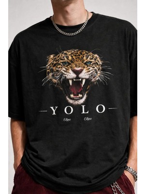 Oversize Siyah Tişört – Ön Baskılı Leopar Yolo Tasarım %100 Pamuk Unisex Streetwear