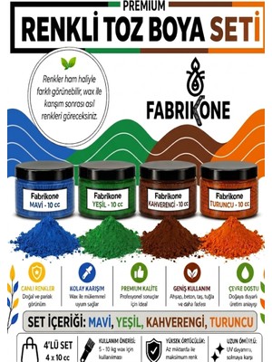 Fabrikone Toz Mum Boyası Seti 10 cc 4’lü – Soya & Parafin Wax Için – Mavi, Yeşil, Kahverengi, Turuncu BKFAB4MYKHT10G