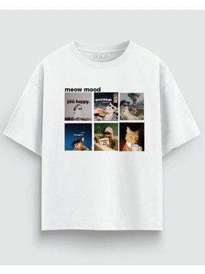 Meow Mood Kedi Grafik Baskılı Oversize Tişört %100 Pamuk Unisex Streetwear