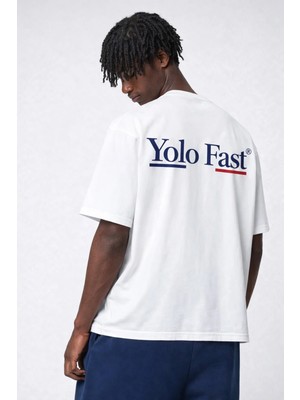 Erkek Beyaz Oversize Tişört %100 Pamuk Yolo Fast Baskılı Streetwear Unisex Basic