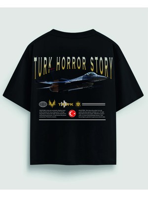 Oversize Siyah Tişört Sırt Baskılı F-16 Jet Tasarım %100 Pamuk Unisex Streetwear