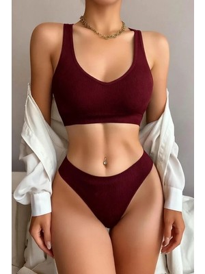 Luord - Store Kadın Bordo Seamless Tanga Sütyen Takım – Modern, Konforlu ve Günlük Kombinlere Uygun