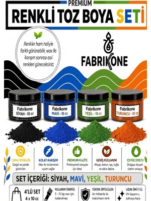 Fabrikone Toz Mum Boyası Seti 10 cc 4’lü – Soya & Parafin Wax Için – Siyah, Mavi, Yeşil, Turuncu BKFAB4SMYT10G
