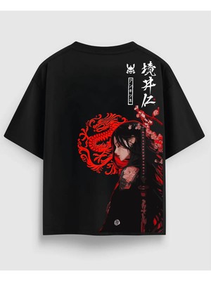 Unisex Oversize Siyah Tişört Japon Anime Kız %100 Pamuk Streetwear Urban Stil