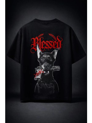 Blessed Doberman Oversize Tişört – Sırt Baskılı Streetwear Siyah %100 Pamuk Unisex