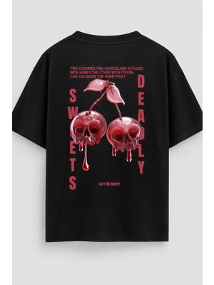 Kuru Kafa Kiraz Baskılı Oversize Beyaz Tişört %100 Pamuk Unisex Streetwear Sırt Baskı