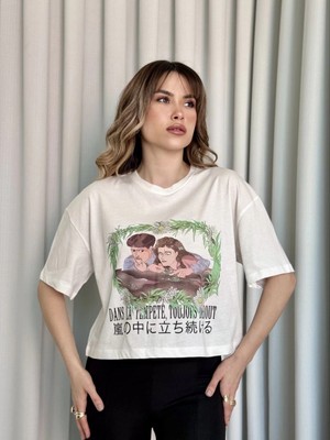 Luord - Store Oversize Beyaz Baskılı Crop Tişört