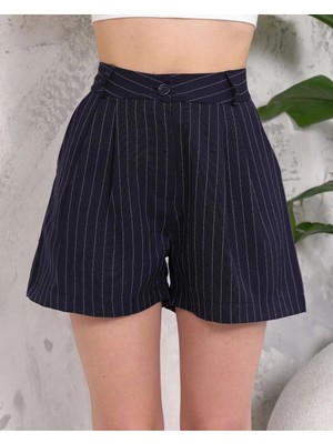 Luord - Store Çizgili Düğmeli Şort Siyah S2551251
