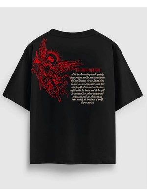 Oversize Siyah Tişört Melek Figürlü Baskı – Unisex %100 Pamuk Streetwear Tasarım Back Print T-Shirt