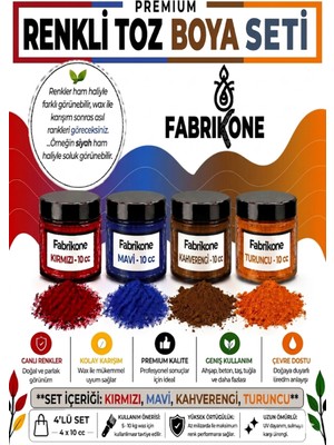 Fabrikone Toz Mum Boyası Seti 10 cc 4’lü – Soya & Parafin Wax Için – Kırmızı, Mavi, Kahverengi, Turuncu BKFAB4KMKHT10G