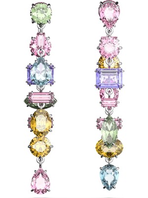 Swarovski Gema Drop Küpe Asymmetrical Design Mixed Cut Long Renkli Rodyum Kaplama