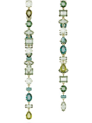 Swarovski Gema Drop Küpe Asymmetrical Design Mixed Cut Extra Long Yeşil Sari Altin Rengi Kaplama
