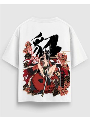 Anime Samurai Girl & Sakura Baskılı Oversize Beyaz Tişört – %100 Pamuk, Premium Streetwear