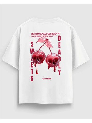 Kuru Kafa Kiraz Baskılı Oversize Beyaz Tişört %100 Pamuk Unisex Streetwear Sırt Baskı