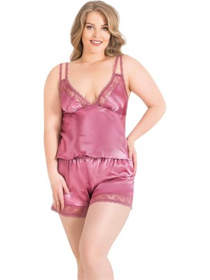 Luord - Store Büyük Beden Gül Kurusu Saten Babydoll Şort Takımı
