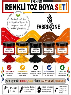 Fabrikone Toz Mum Boyası Seti 10 cc 5'li – Soya & Parafin Wax Için – Kırmızı, Sarı, Siyah, Kahverengi, Turuncu BKFAB5KSRSKHT10G