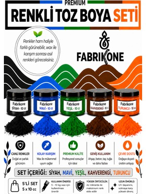Fabrikone Toz Mum Boyası Seti 10 cc 5'li – Soya & Parafin Wax Için – Siyah, Mavi, Yeşil, Kahverengi, Turuncu BKFAB5SMYKHT10G